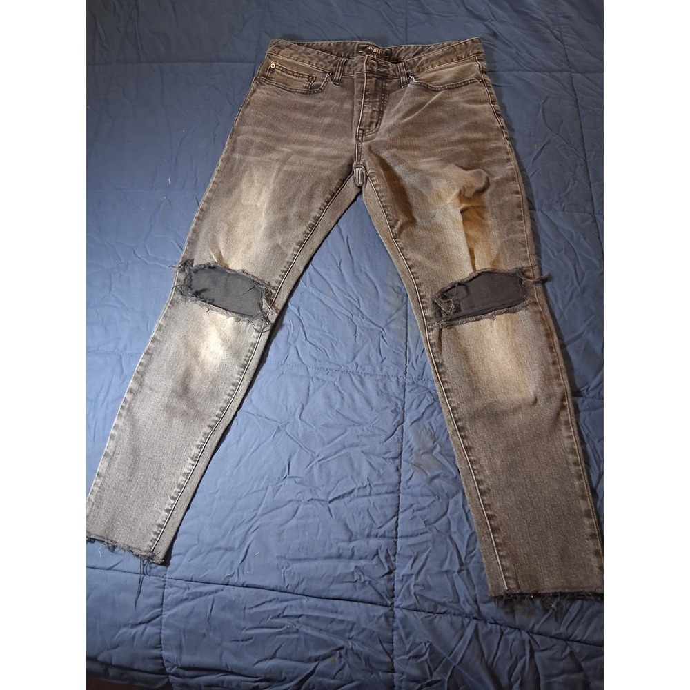 Forever 21 Men Distressed Slim Jeans Faded Black Blown Out Knee Raw Hem Size 30